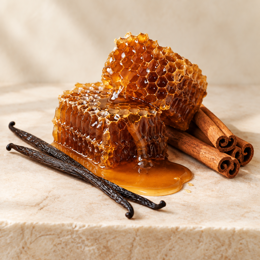 Honeycomb, oozing honey, cinnamon sticks and two vanilla pods