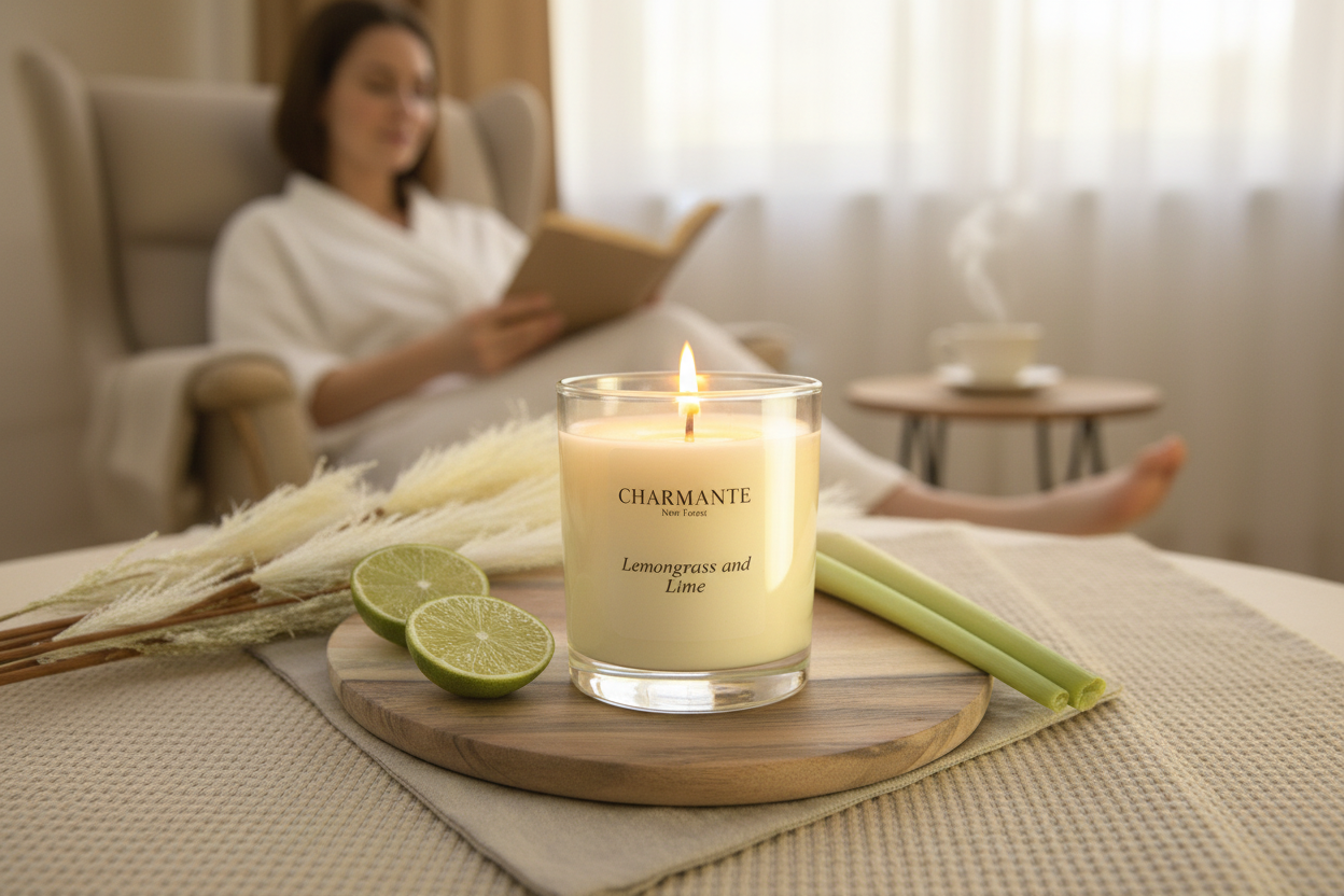 Lemongrass and Lime candle with fresh limes and lemongrass