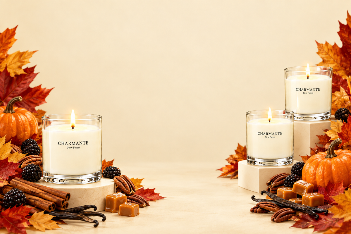 Promotional autumn candle layout with clear space in the centre