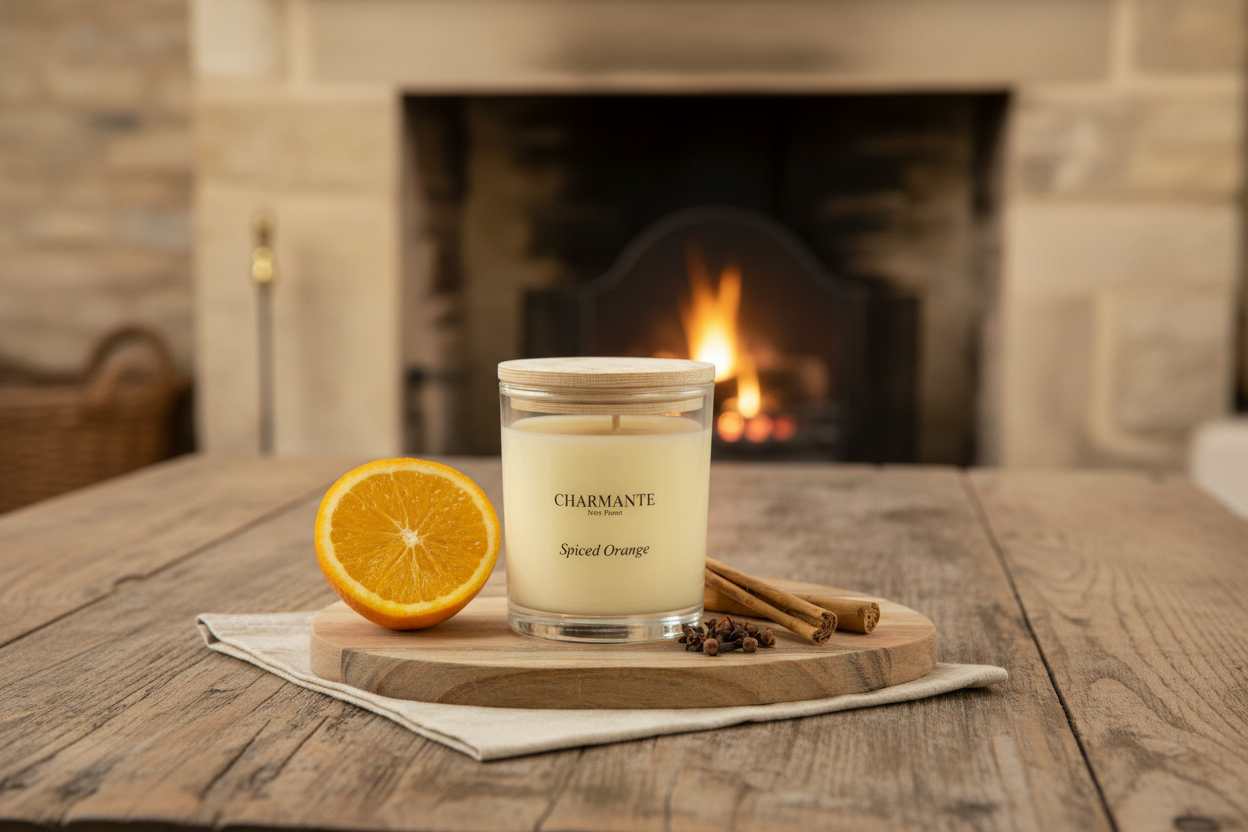 Spiced Orange candle prominent in stone cottage